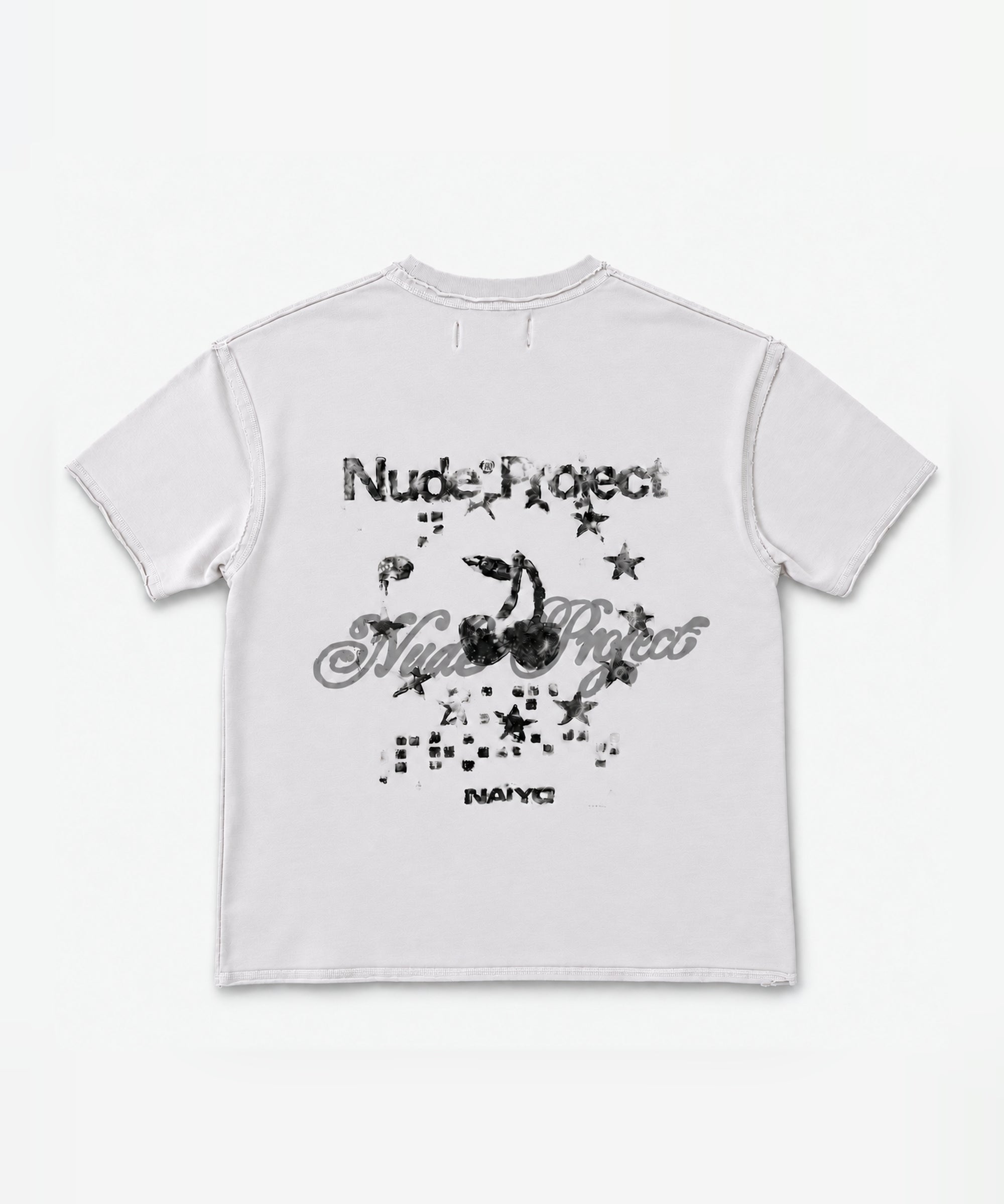 Back mockup of the NAÏYO X Nude Project T-shirt with distressed cherry, star and square-dot artwork over grey script.