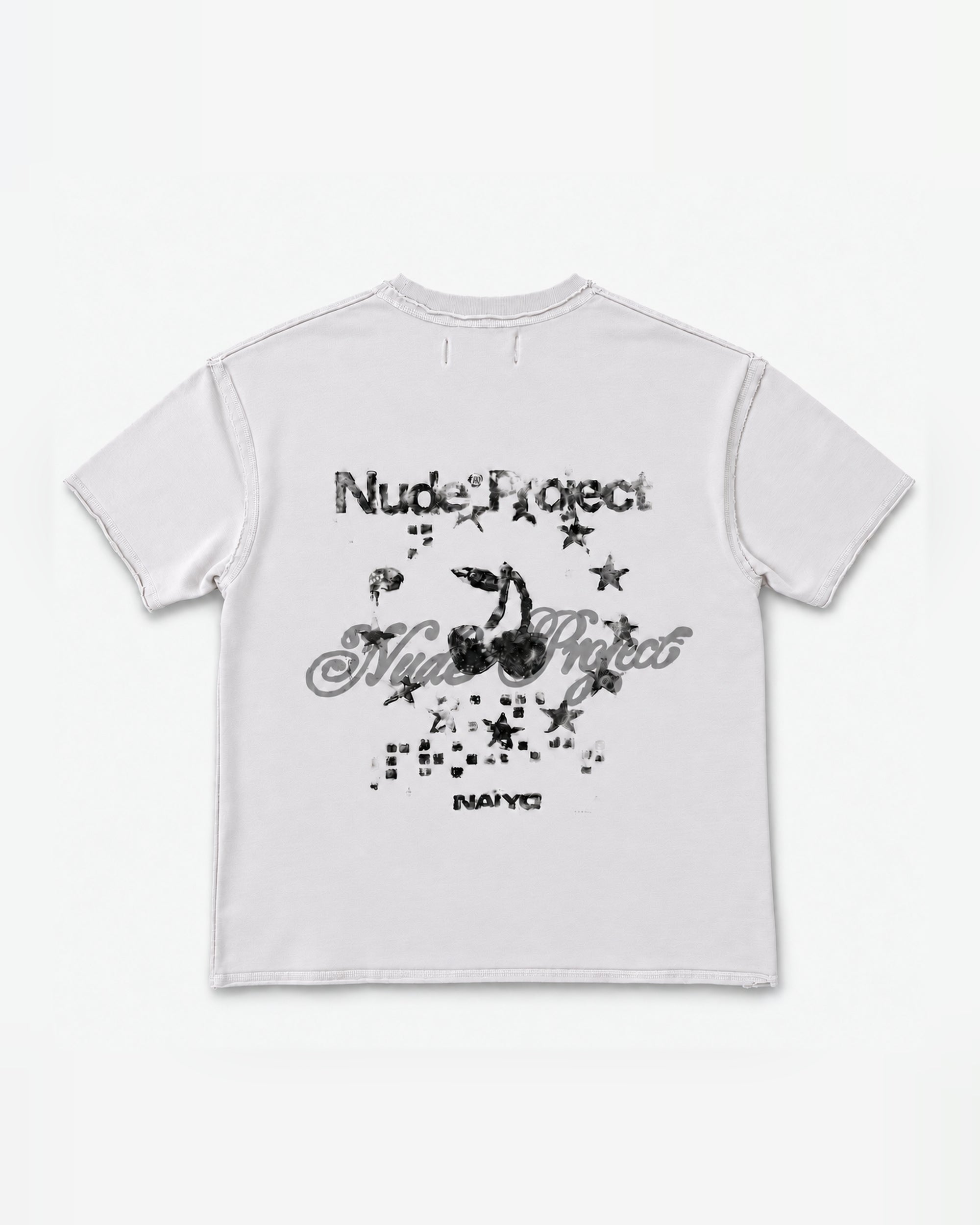 Back mockup of the NAÏYO X Nude Project T-shirt with distressed cherry, star and square-dot artwork over grey script.