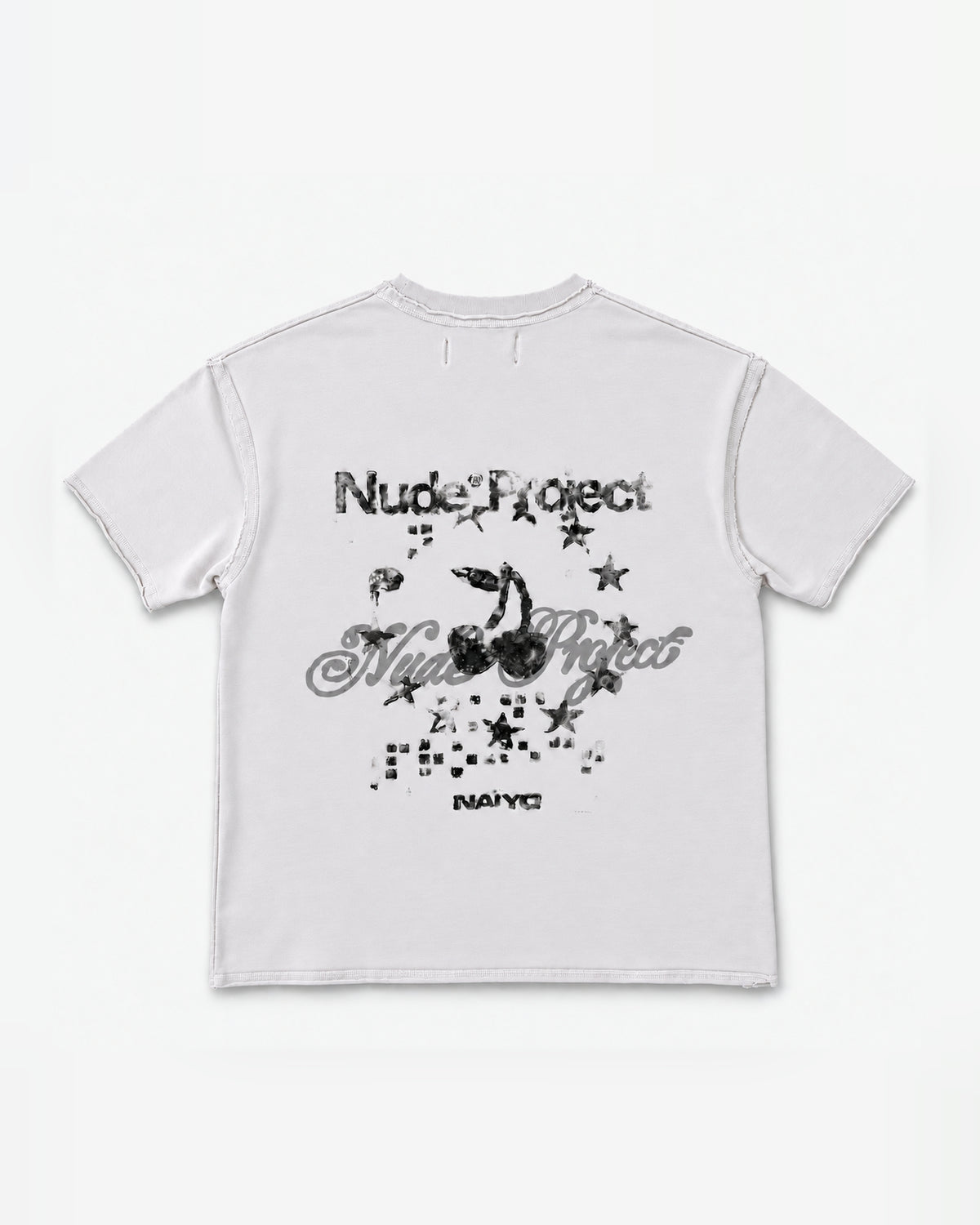 Back mockup of the NAÏYO X Nude Project T-shirt with distressed cherry, star and square-dot artwork over grey script.