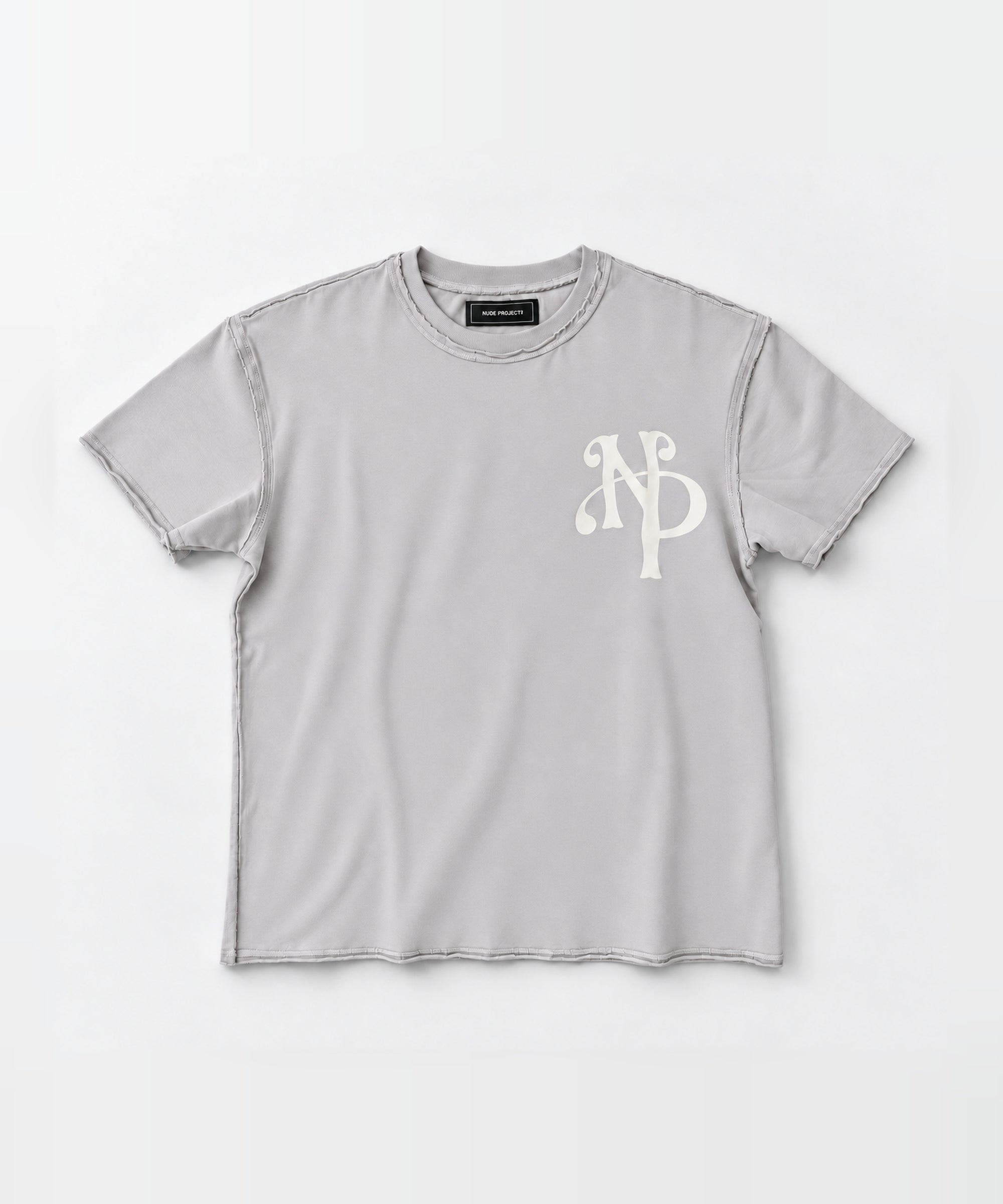 Front mockup of the NAÏYO X Nude Project stone-grey T-shirt with cream NP monogram on a light-grey background.