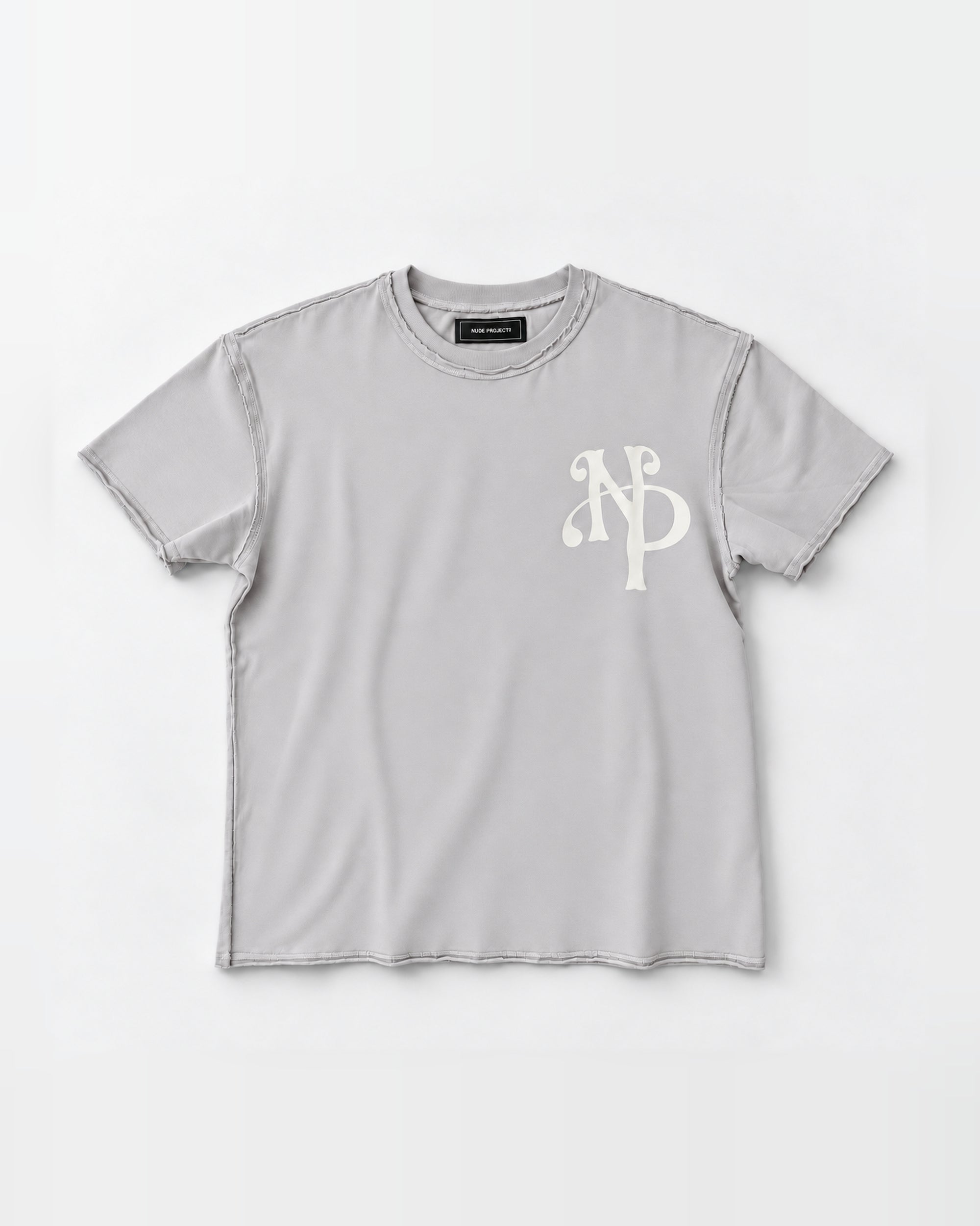 Front mockup of the NAÏYO X Nude Project stone-grey T-shirt with cream NP monogram on a light-grey background.