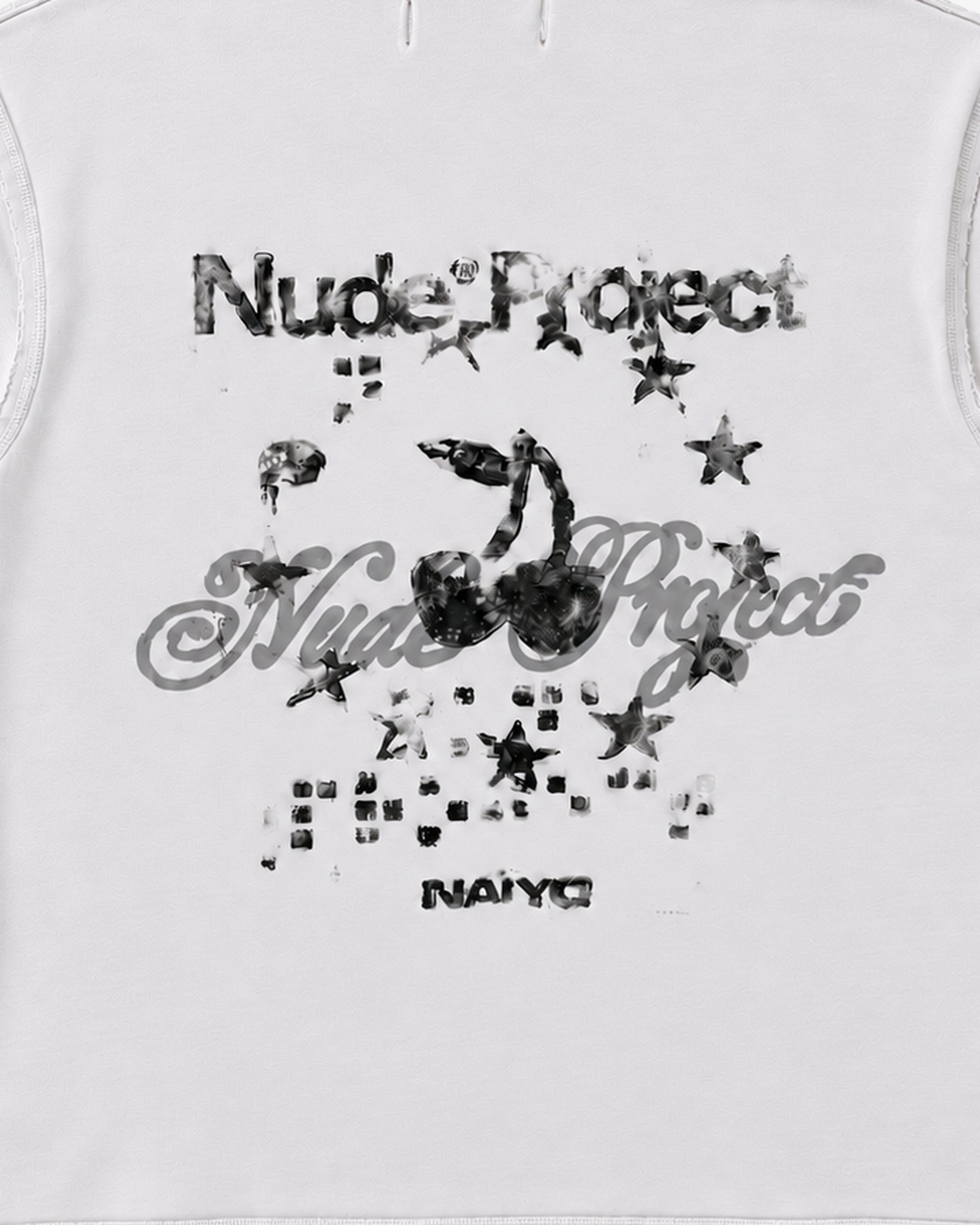 Detail crop of the layered back artwork in the NAÏYO X Nude Project T-shirt mockup.