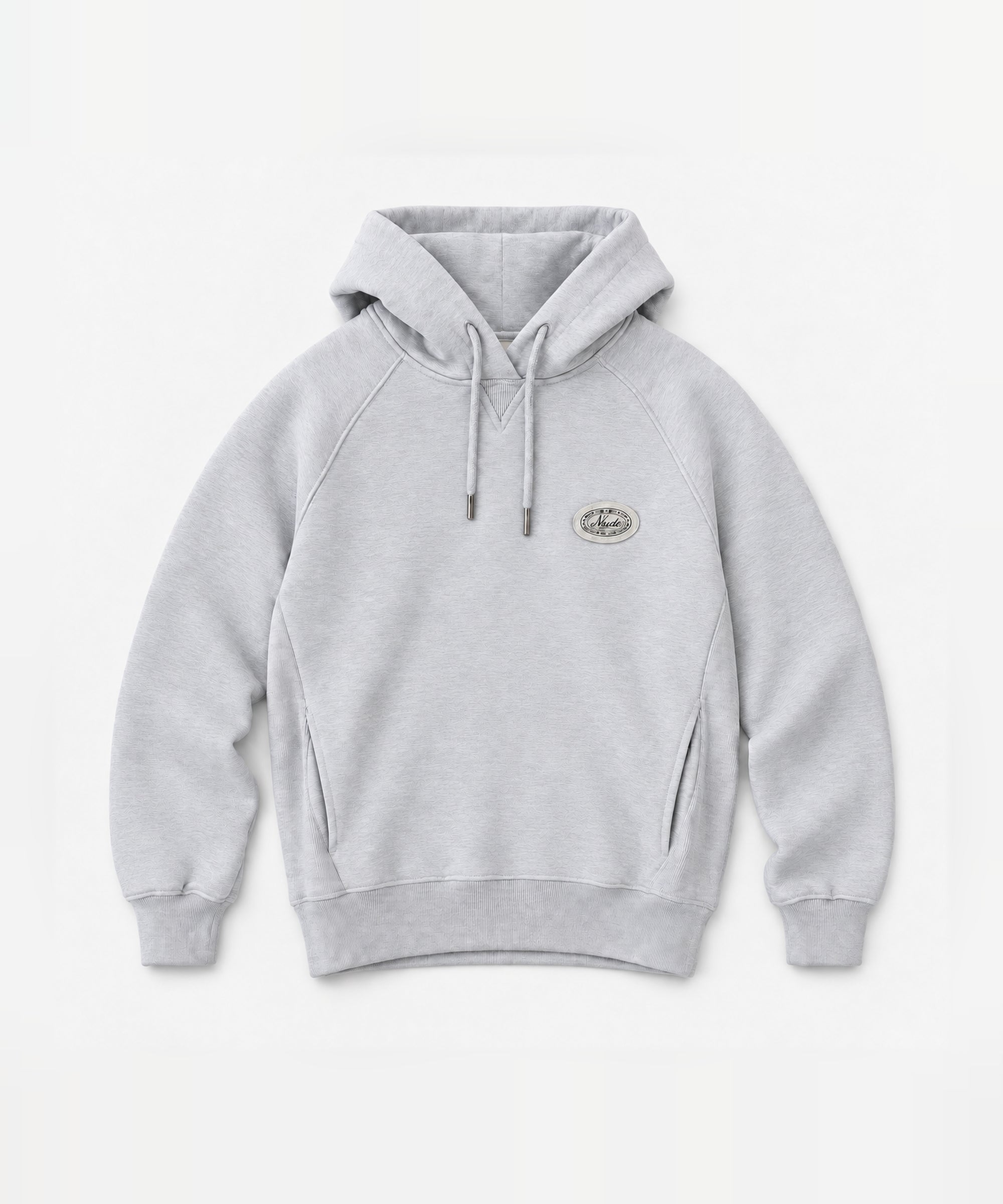 Front mockup of the NAÏYO X Nude Project grey-melange hoodie with cream oval patch.