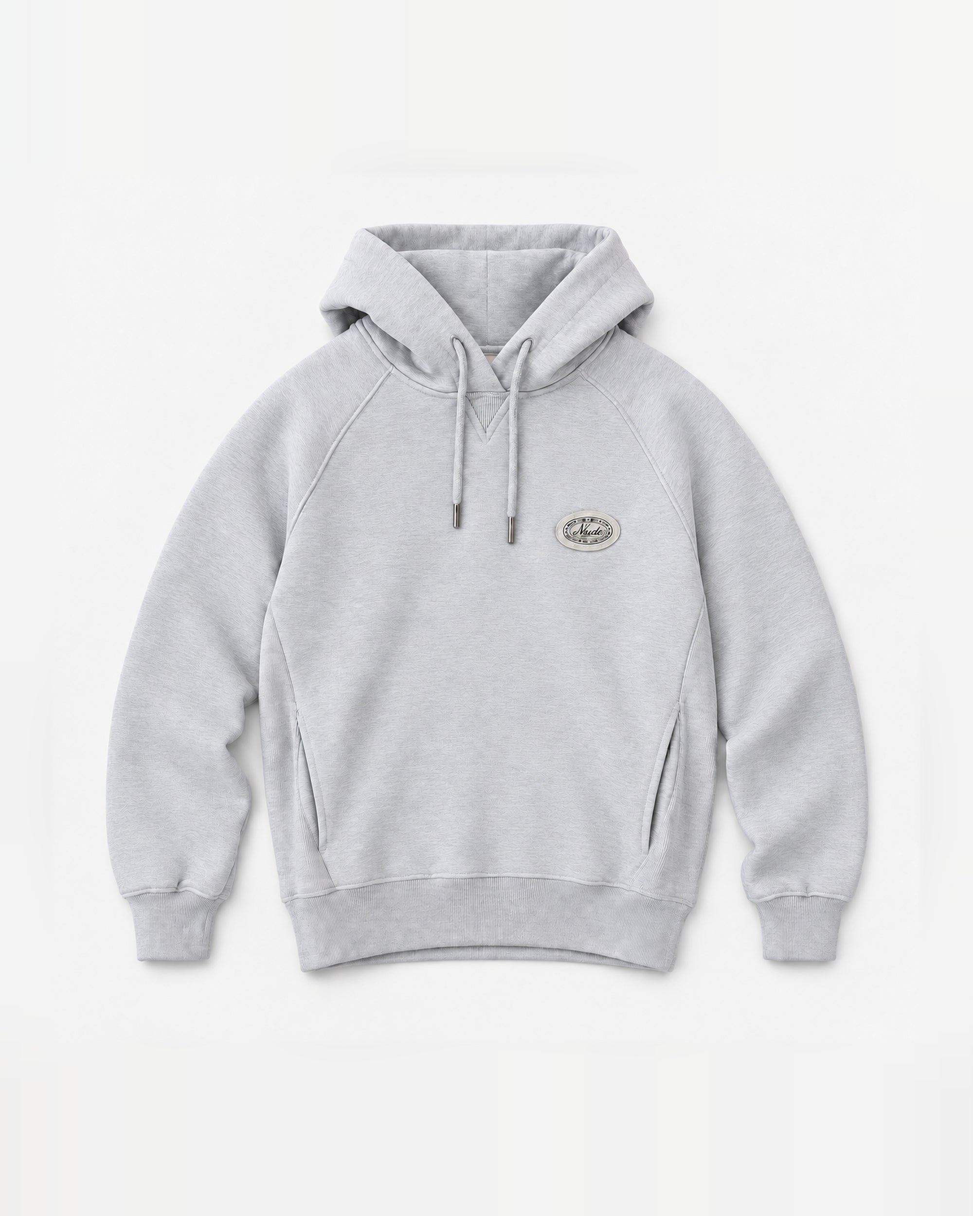 Front mockup of the NAÏYO X Nude Project grey-melange hoodie with cream oval patch.