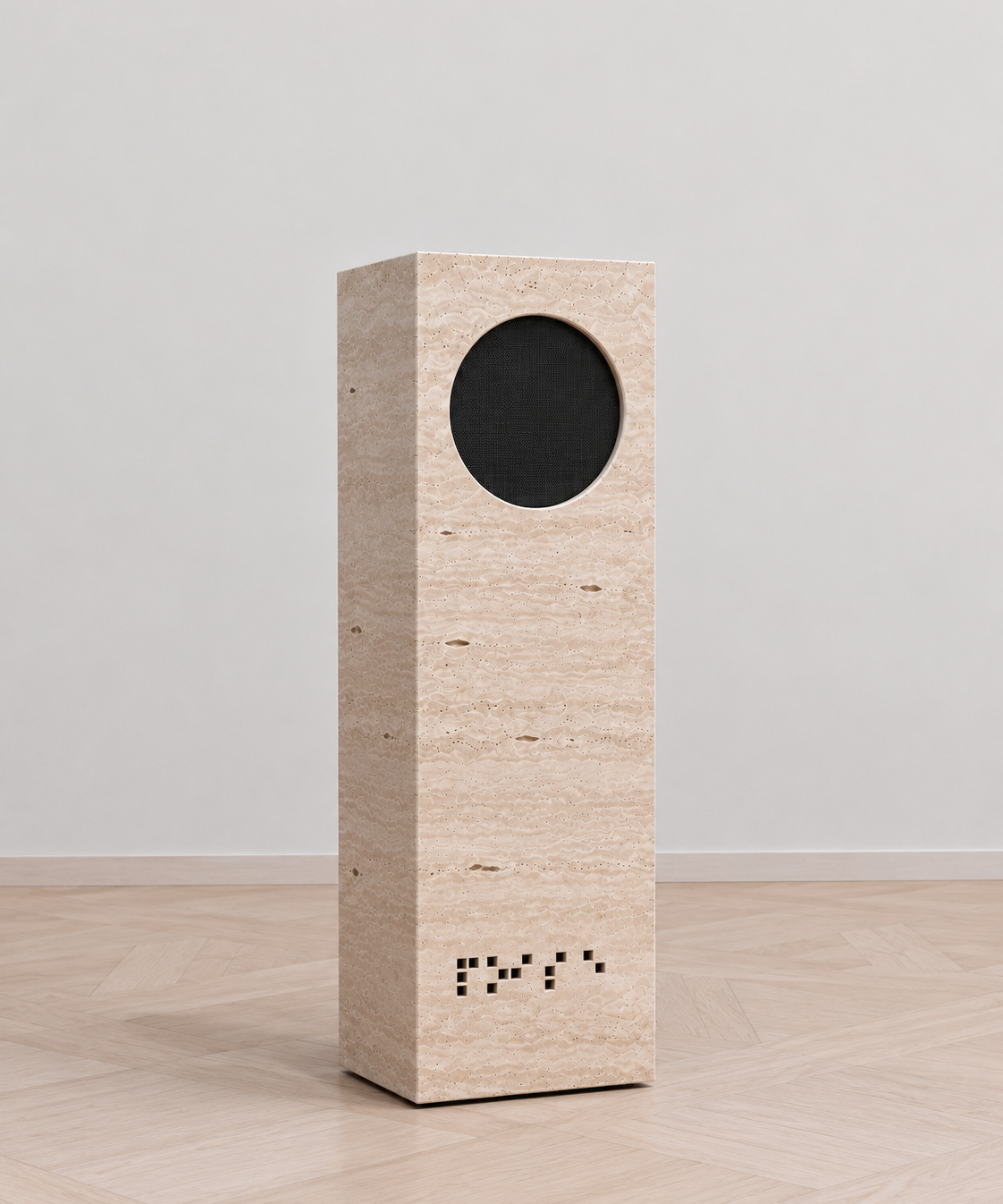 NOISE natural matte travertine speaker in three-quarter view.